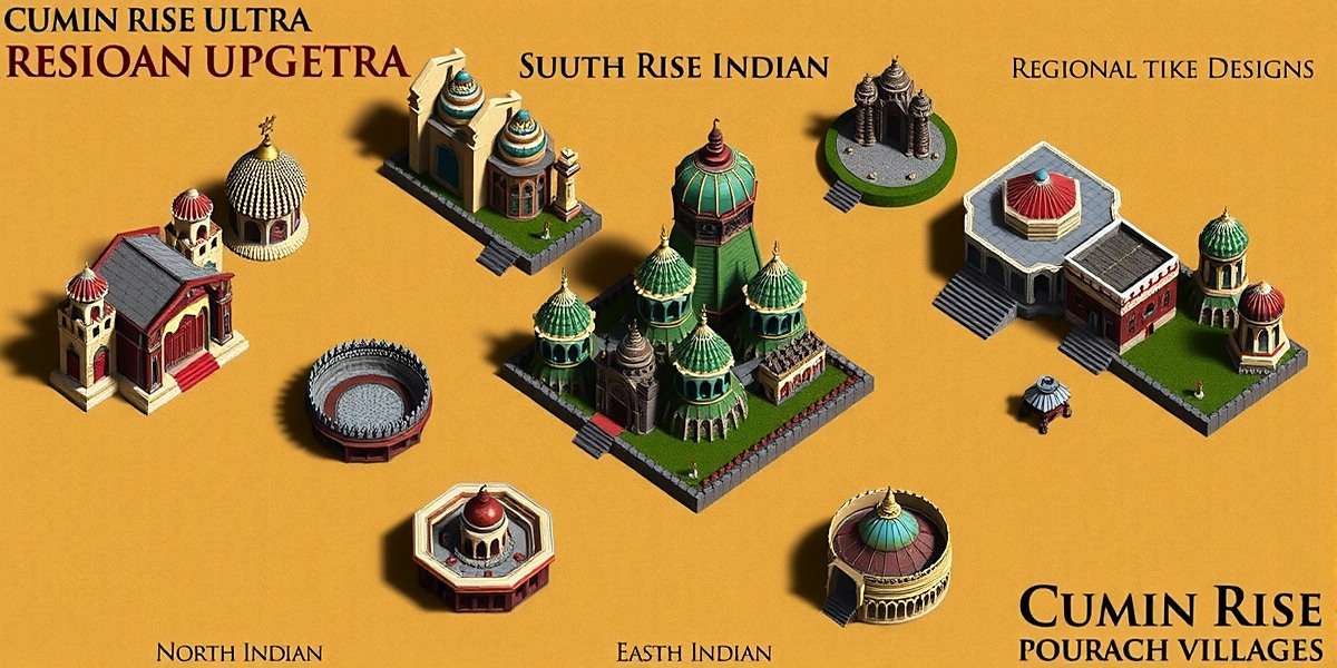Cumin Rise Ultra Regional Architecture Comparison of regional village designs in Cumin Rise Ultra showing North Indian, South Indian, and East Indian architectural styles
